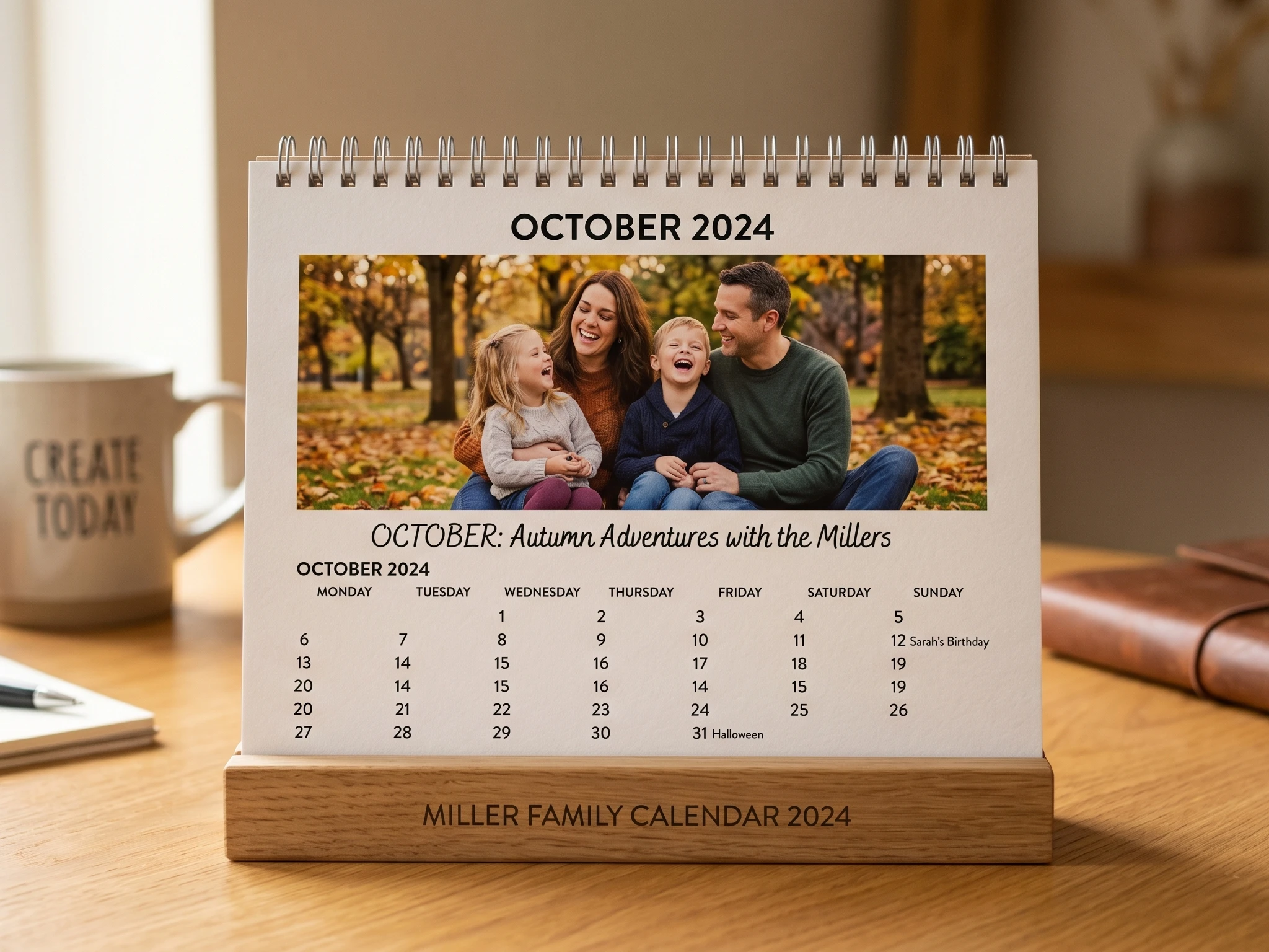 Photo Desk Calendar — A5 12 Monthly Pages with Wooden Base