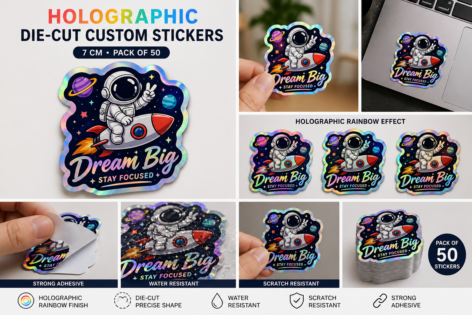 Holographic Die-cut Custom Stickers — 7cm Pack of 50