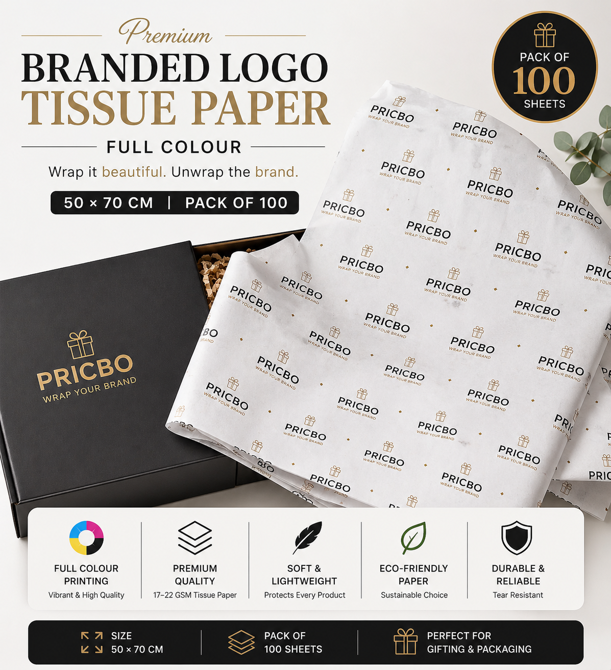 Branded Logo Tissue Paper — Full Colour 50×70cm Pack of 100