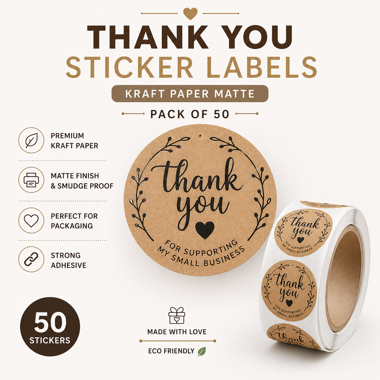 Thank You Sticker Labels — Kraft Paper Matte Pack of 50