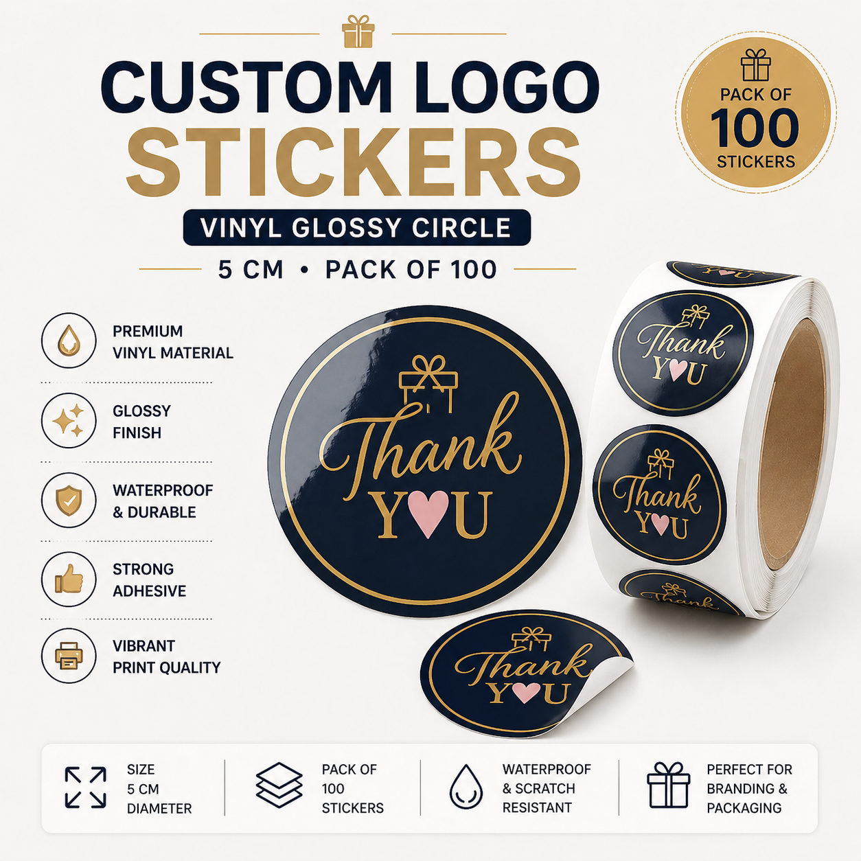 Custom Logo Stickers — Vinyl Glossy Circle 5cm Pack of 100